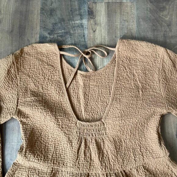 Madewell Brown Crinkled Peplum Blouse XS Long Sleeve Textured Tie-Back Top - Picture 7 of 9